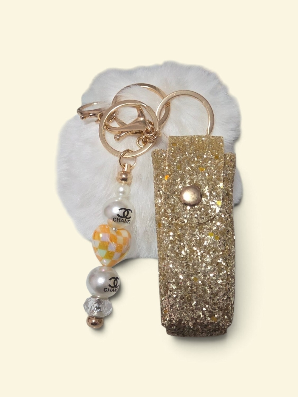 CHANEL Gold Glitter Key & Card Holder with Bead Charm